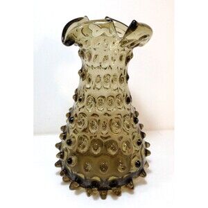 Vintage Empoli Green Vase w/ Hobnail Seed Pod Art Glass Italian Hand Blown 6.5"